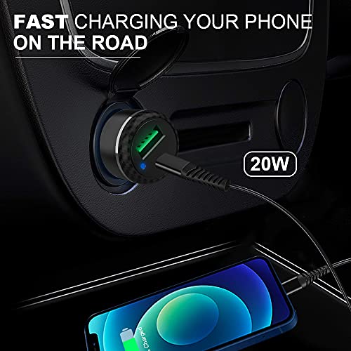 OHIFAST 20W USB C Car Charger Compatible for iPhone 14 Pro Max/Mini/13/12/11/XS/X/XR/8/Plus/SE/iPad/Air 3 Type C Automobile Charger Adapter, PD&QC3.0 Dual Fast Charging Port for Car with 3FT Cable