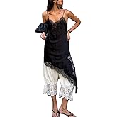 Seyurigaoka Women Lace Satin Camisole Long Tops Spaghetti Strap Low Cut Slip Dress Party Club Swing Dress Streatwear