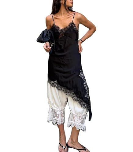 Women Satin Lace Slip Dress Sleeveless Backless Lace Trim Spaghetti Strap Silk Mini Dress Low Cut Club Party Streetwear (V Neck Black, S) : Clothing, Shoes & Jewelry