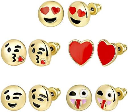 5pcs Gold Plated Cute Funny Emoticon Faces Stud Earrings Set for Women Girls