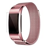 GBSELL Fashion Milanese Stainless Steel Watch Band Strap Bracelet + HD Film For Fitbit Charge 2 (Pink)