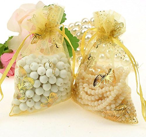 100pcs Butterfly Organza Drawstring Pouches Jewelry Party Wedding Favor Gift Bags (100 Pcs Butterfly, Golden)