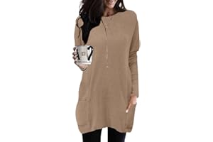 Poetsky Tunic Sweaters for Women to Wear with Leggings Long Sleeve Ribbed Crewneck Loose Casual Long Shirts W/Pockets