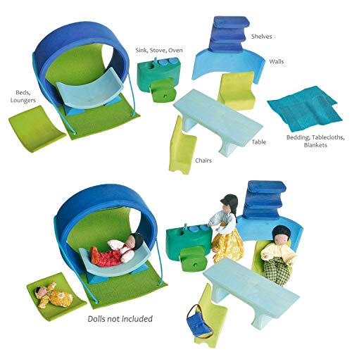 Grimm's 'Bauhaus' Mobile Doll's Home in Blue/Green Wooden CarryAlong