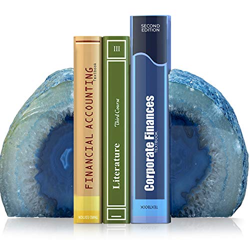 Geode Bookends 1 Pair 6-9 lbs (Dyed Blue)| Stone Bookends for Light and Heavy Books | Unique Brazilian Crystal Book Ends in Agate Stone to Hold Books, geode Decor and Paperweight | 3 Colors Available