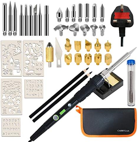 45Pcs Wood Burning Pyrography Pen Kit & Soldering Iron Kit with LED Indicator, Power Switch, Temperature Adjustable, Burning Tool with Stencils, Stand with Sponge, Pencils and Storage Bag (UK Plug)