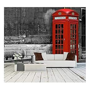 British Phone Booth with Weathered Wooden Bench - Removable Wall Mural | Self-Adhesive Large Wallpaper - 66x96 inches