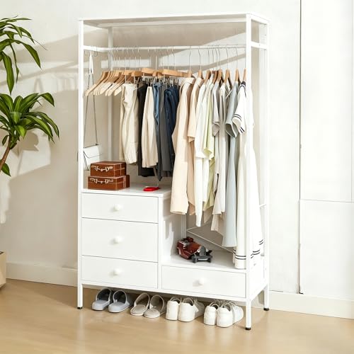 STAR BURN Closet Armables Para Ropa, Acero+Madera Tarea Pesada Rack Para Ropa, perchero con 4 cajones, Armario de Acero y Madera con Barra para Colgar, Adecuado para Dormitorios y Lavaderos(Blanco)
