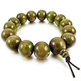 INBLUE Men,Women's 15mm Wood Bracelet Link Wrist Tibetan Buddhist Green Bead Prayer Buddha Mala Chinese knot Elastic