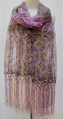 Sheer Block Print Embroidered Tulle Net Scarf Shawl Wrap Stole Fringe Pink