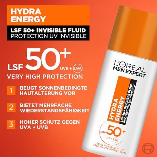 Protection solaire UV SPF 50 pour homme, fluide invisible pour le visage contre les rayons du soleil, crème solaire pour homme SPF 50+ contre le vieillissement de la peau, avec