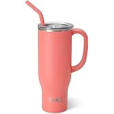 Swig Life 30oz Mega Mug, 30 oz Tumbler with Handle and Straw, Cup Holder Friendly, Dishwasher Safe, Extra Large Insulated Tumbler, Stainless Steel Water Bottle (Coral)