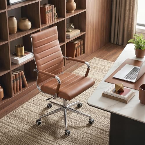 Okeysen Leather Office Desk Chair, Ergonomic Modern Conference Room Chairs with Wheels 360 Swivel, Executive Ribbed Height Adjustable Chair for Home Office.(Brown)