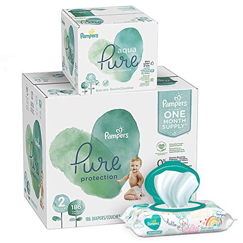 Pampers Pure Protection Diapers Size 2 186 Count with Aqua Pure 6X Pop-Top Sensitive Water Baby Wipes - 336 Count