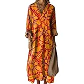 Women's Red Boho Floral Maxi Dresses V Neck Loose Fit Long Sleeve Cover Up Casual Oversized Dress for Fall/Spring