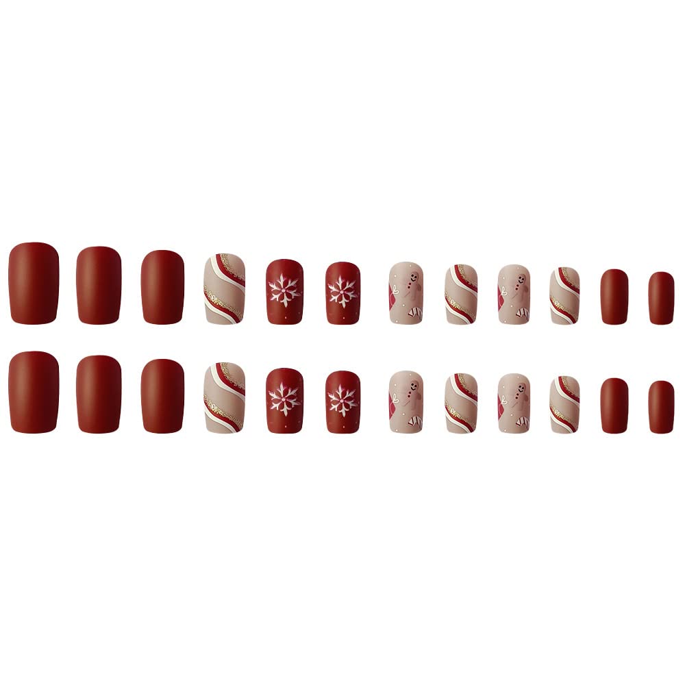 Christmas Press on Nails Short Red Square Fake Nails Winter Snowflake Acrylic False Nails with Design Swirl Matte Full Cover Artificial Glue on Nails Winter Nail Decorations for Women Girls - Image 3
