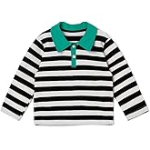 Ozkiz Boy's Black and White Striped Pollo Shirt Long Sleeves Green Collar