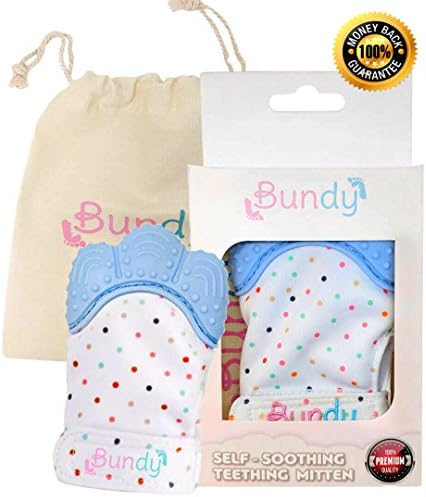 Baby Teething Mitten Toy - Self Soothing Teething Pain Relief with hygienic travel bag - Perfect gift for Baby Shower with beautiful packaging - Bundy Blue Silicone Teething Mitt (blue)