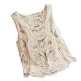VonFon Women Lace Floral Sleeveless Crochet Knit Vest Tank Top Shirt Blouse Apricot Yellow Medium