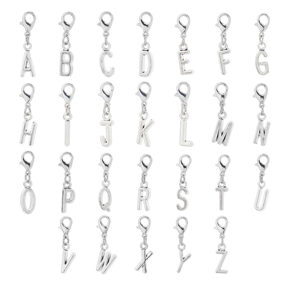 Hobbspring 52Pcs A-Z Alphabet Letters Charms Alloy Initial Pendants Letter Clip On Charms Capital Letter Pendants with Lobster Claw Clasps for Necklace Bracelet Earring Jewelry Making