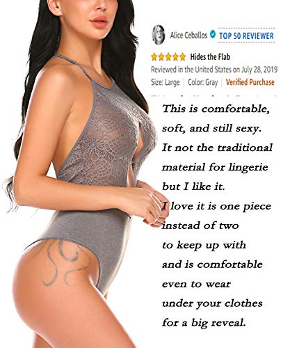 wearella Women Snap Crotch Lingerie Sexy Lace Bodysuit Thong One Piece Lace Baby Dolls Teddy Sleepwear Gray