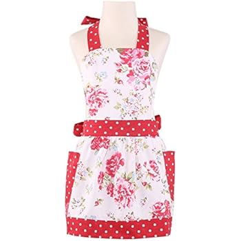 NEOVIVA Kids Aprons for Girls with Pockets, Durable Canvas Toddler Apron for Kids Cooking, Baking, BBQ and Gardening, Style Diana, Floral Lollipop Red