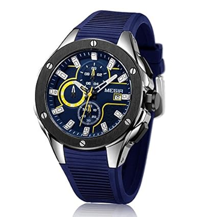 Megir Elegant Design Analogue Chronograph Round Blue Dial Sports Series Pu Strap Mens Watch_Gmarks - 2053-Blu-Yell