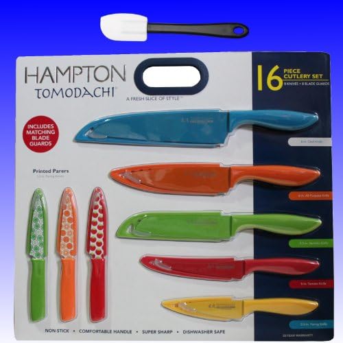 Hampton Forge Tomodachi 16pc Knife Set (8 Knives and 8 Blade Guards) Includes Bonus Silicone Spatula - Total 17 Piece Bundle
