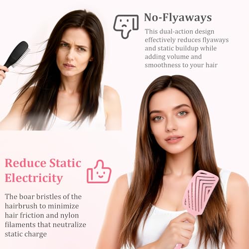 Euqvunn Hair Brush, Boar Bristle Brush with Double Filament Anti-Tangle and Brilliance, Soft Anti-Pull Comb for Thick and Long Hair
