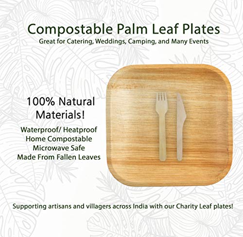 Charity Leaf 8" Disposable Palm Plate With Knife And Fork Bamboo Like Square Plates | All Natural, Biodegradable and Chemical Free | Weddings, BBQs, and Parties (25 Plates, 25 Forks, and 25 Knives)
