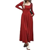 Mieazom Women Long Sleeve Square Neck Maxi Dress A-Line Pleated Flowy Elegant Party Cocktail Winter Fall Dresses with Pockets