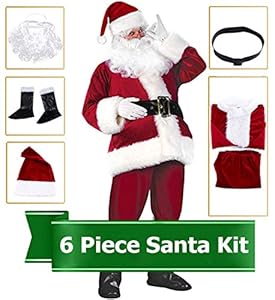Santa Claus Costume Plush Christmas Costume for Men, Luxury Santa Suits Cosplay Santa Outfit, 6 Pieces