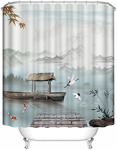 Panoramic Print Fabric Shower Curtain with Boats, Birds and Koi. Spa Decor Kin By Nicola, Water Resistant Bathroom Zen Garden Theme Decor View for Magical and Luxurious Bathroom