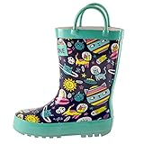 LONECONE Children's Waterproof Rubber Rain Boots in Fun Patterns with Easy-On Handles Simple for Kids, Intergalacti-CAT, Little Kid 12