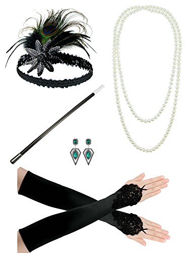 1920s Gatsby Flapper Costume Accessories Peacock Feather Headband Earrings Pearl Necklace Gloves Cigarette Holder