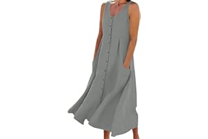Summer Cotton Linen Dresses for Women 2026 Button V Neck Sleeveless Midi Sundress Casual Gauze Shift Dress with Pockets