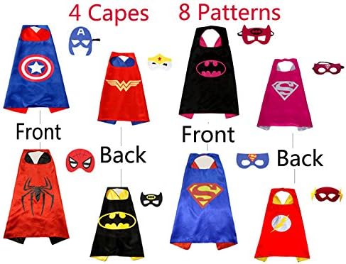 4 Double-Sided Superhero Capes and 8 Cartoon Felt Masks Matching for Kids Dress up Costume and Birthday Party Supplies