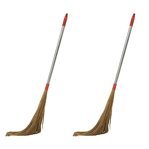 FamilyKart Steel Handle (42 inch) Eco Friendly Soft Grass Floor Broom Stick for Floor Cleaning (Phool Jhadu) Set of 2