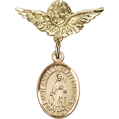 Gold Filled Baby Badge with St. Catherine of Alexandria Charm and Angel w/Wings Badge Pin 1 X 3/4 inches