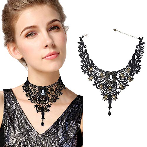 Aniwon Lace Choker Necklace, Punk Halloween Party Black Lace Choker Gothic Skeleton Pendant Choker Necklace for Women… - Thumbnail 2