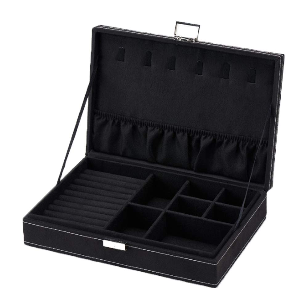 AUGUT Coqlycot Jewellery Box Organiser with Lock for Necklace Earrings Bracelets Rings,Suede Leather Jewelry Storage Case with Necklace Hangers Compartment (Black)