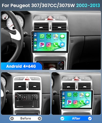 4G+64G Car Radio for Peugeot 307/307CC/307SW 2002-2013 9 Inch Android Radio with Carplay Wireless Android Auto Mirror Link GPS Navi Bluetooth WiFi/FM/RDS/EQ/SWC/USB Steering Wheel Controls Rear View Camera