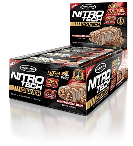 MuscleTech Nitro Tech Crunch Protein Bars, Cinnamon Bun, 22 Grams Protein, 5 Grams of Fiber, 240 Calories, Low Carb, Gluten Free, 65g Bars, 12 Count