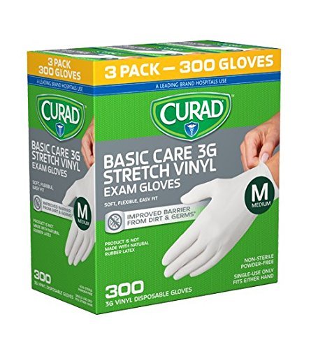 Disposable Basic Care 3G Stretch Vinyl Exam Gloves - Latex Free, Medical Grade, Non-Sterile, Powder Free (Medium) (3 x 100 Pack)