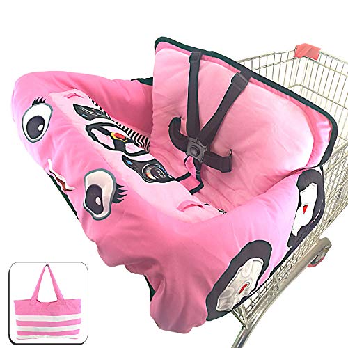 Cute Car Design 2-in-1 Shopping Cart&High Chair Cover for Baby with Portable Bag | Universal Fit All Shopping Cart Seat& Restaurant Highchair | Fits Big Carts | 5 Point Safety Harness System (Pink) - Thumbnail 7