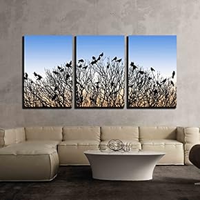 3 Piece Canvas Wall Art - Silhouette of Many Birds on a Treetop at Sunset - Modern Home Art Stretched and Framed Ready to Hang - 16"x24"x3 Panels