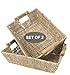 Set 2 Large Seagrass Baskets with Wooden Handles | Straw Woven Short Baskets for Fruits, Hand Towels, Snacks, CoffeeTable (Natural)