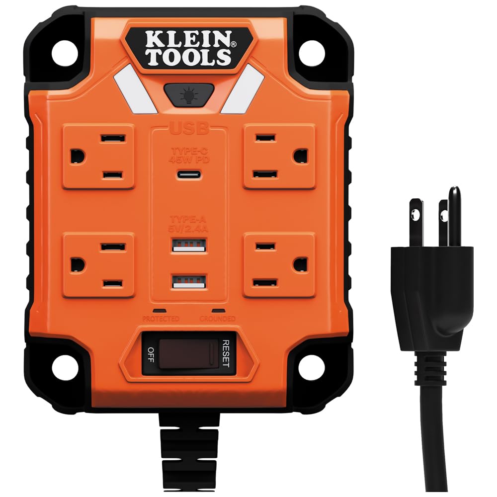 Photo 1 of Klein Tools 29601 Magnetic Power Strip with Surge Protector, Extension Cord, 4 Outlets, 3 USB Ports, 5-Foot Cord, Power Supply Box with Light, PowerBox 1, Heavy Duty