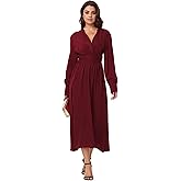 Elegant Long Dresses for Women Pleated Modest Maxi Silk Dress Sexy V-Neck Solid Long Sleeve Belt Casual Party