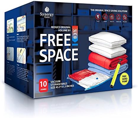 Space Saver Vacuum Storage Bags by SYNERGYSTOCKS - 10 Jumbo Size Vacuum Storage Bags for Clothes, Linens, Beddings, Duvets, etc. – Vacuum Seal Bags with Unparalleled Protection – Anti-Microbial